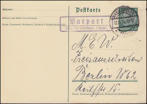 Landpost Parpart über Greifenberg (Pommern) 12.11.35 auf Postkarte