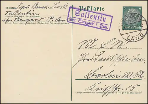 Landpost Gallentin über Stargard (Pommern) Land 17.5.36 auf Postkarte