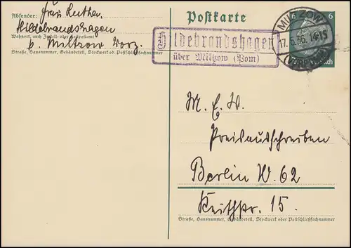 Landpost Hildebrandshagen über Miltzow (Pommern) 17.5.36 auf Postkarte
