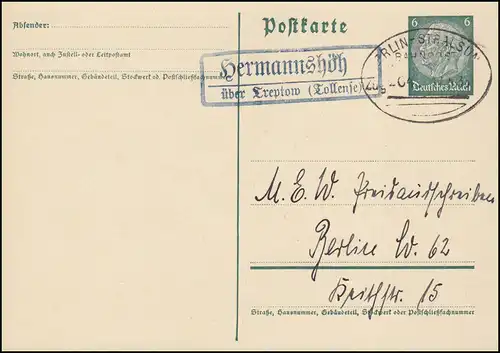 Landpost Hermannshöh über Treptow (Tollense) Bahnpost BERLIN-STRALSUND 17.5.35