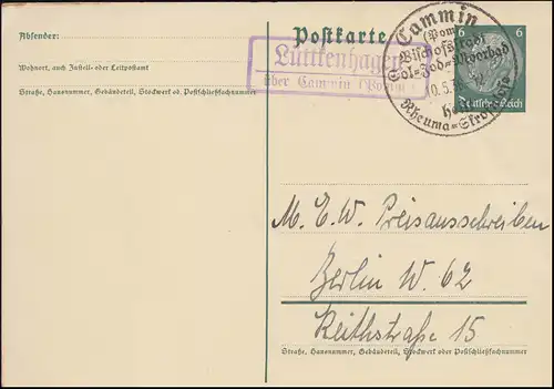 Landpost Lüttkenhagen über Cammin SSt CAMMIN Bischofsstadt 10.5.36 auf Postkarte