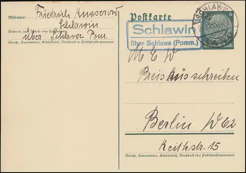 Landpost Schlawin über Schlawe (Pommern) Land 23.11.35 auf Postkarte