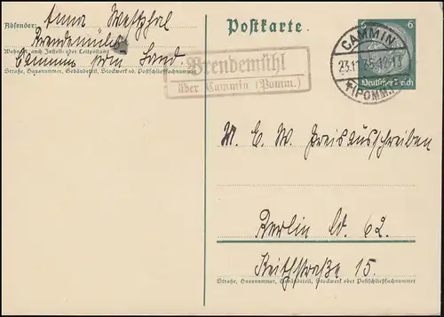Landpost Brendenmühl über Cammin (Pommern) 23.11.35 auf Postkarte