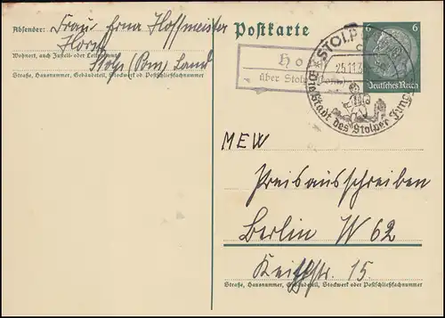 Landpost Horst über Stolp (Pommern) Land SSt Stolper Jungchen 25.11.35 auf PK