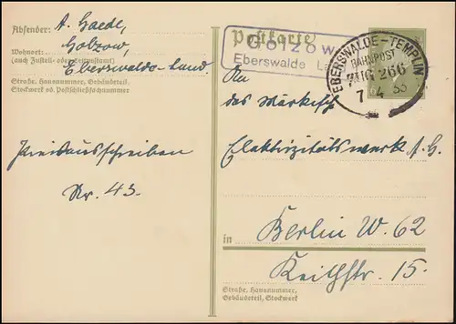 Landpost Golzow Eberswalde Land Bahnpost EBERSWALDE-TEMPLIN ZUG 266 - 7.4.33