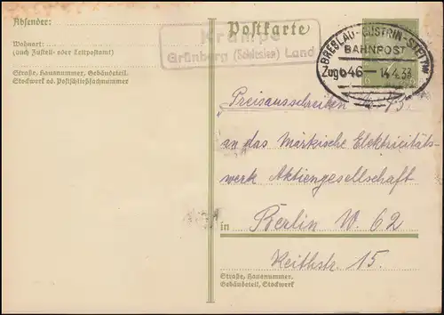 Landpost Krampe Grünberg (Schlesien) Land Bahnpost BRESLAU-CÜSTRIN-STETTIN 1933