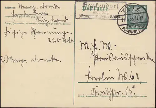 Landpost Henkendorf über TÜTZ (GRENZMARK POSEN-WESTPR) 14.5.36 auf Postkarte