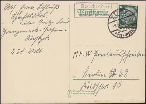 Landpost Spechtsdorf über TÜTZ (GRENZMARK POSEN-WESTPR) 9.5.36 auf Postkarte