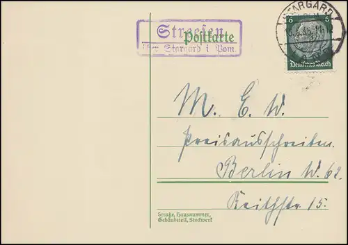 Landpost Streesen über Stargard (Pommern) Land 16.5.36 auf Postkarte