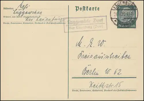 Landpost Luggewiese Dorf über Lauenburg (Pommern) 28.11.35 auf Postkarte