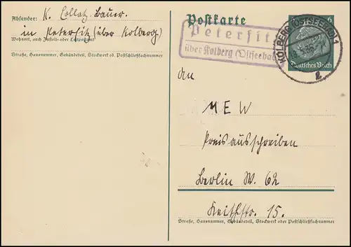 Landpost Peterfitz über Kolberg (Ostseebad) 19.5.36 auf Postkarte