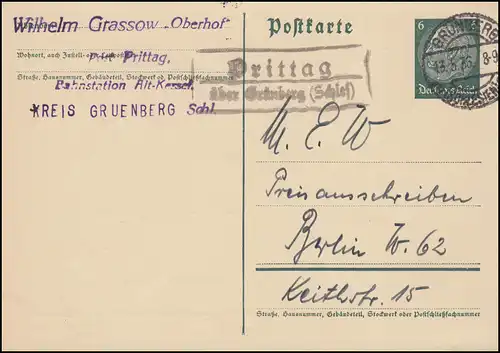 Landpost Prittag über Grünberg (Schlesien) 13.5.36 auf Postkarte