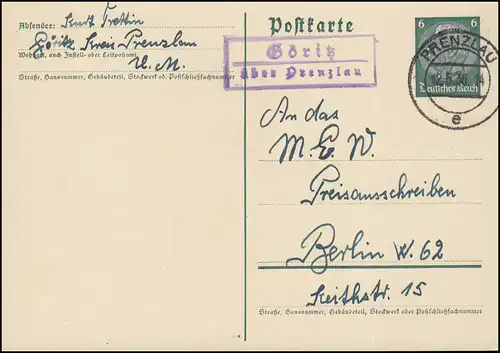 Landpost Göritz über Prenzlau 12.5.36 auf Postkarte