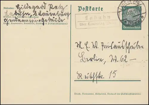 Landpost Labuhn über Lauenburg (Pommern) 21.11.35 auf Postkarte