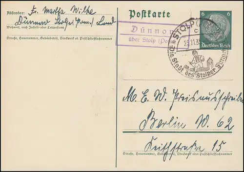 Landpost Dünnow über Stolp (Pommern) SSt Stolper Jungchen 25.11.35 auf Postkarte