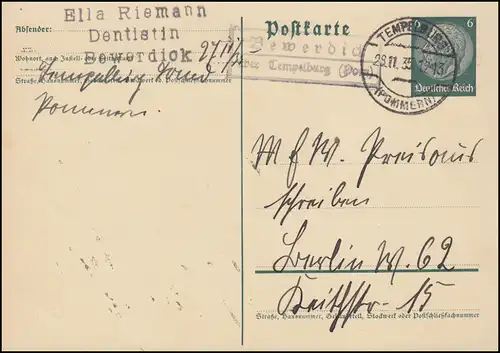Landpost Bewerdick über Tempelburg (Pommern) 28.11.35 auf Postkarte