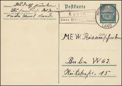 Landpost Kanin über Werder (Havel) Land 18.5.36 auf Postkarte
