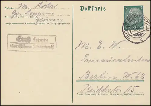 Landpost Groß Leppin über Glöwen (Westprignitz) 17.5.36 auf Postkarte