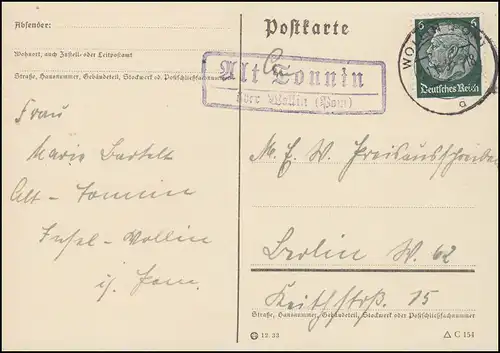 Landpost Alt Tonnin über Wollin (Pommern) 21.11.35 auf Postkarte