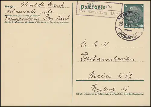Landpost Altenwalde über Tempelburg (Pommern) 22.11.35 auf Postkarte