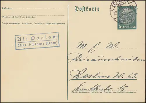 Landpost Alt Paalow über Schlawe (Pommern) Land 25.11.35 auf Postkarte