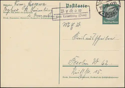 Landpost Bychow über Lauenburg (Pommern) 23.11.35 auf Postkarte
