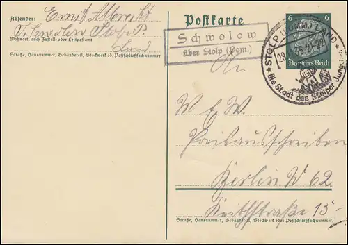 Landpost Schwolow über Stolp (Pommern) Land SSt Stolper Jungchen 28.11.35 auf PK