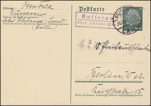 Landpost Kusserow über Schlawe (Pommern) Land 26.11.35 auf Postkarte