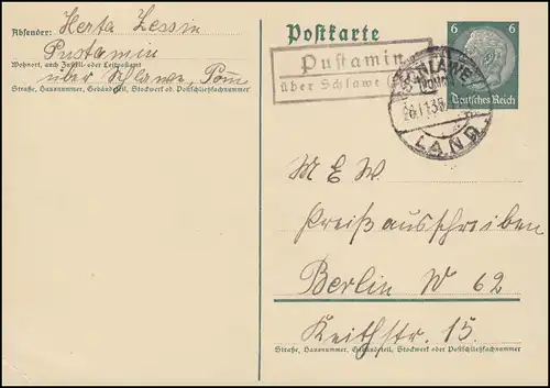 Landpost Pustamin über Schlawe (Pommern) Land 26.11.35 auf Postkarte