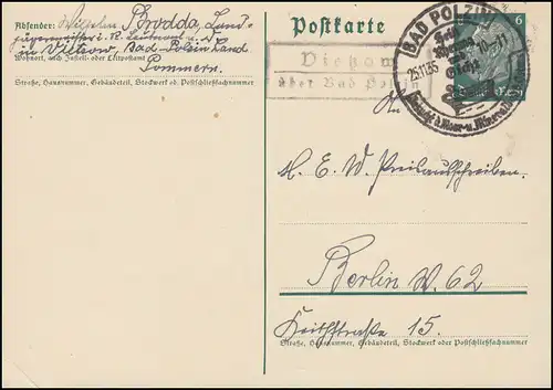 Landpost Vietzow über Bad Polzin SSt Meer- und Mineralbad 25.11.35 auf Postkarte