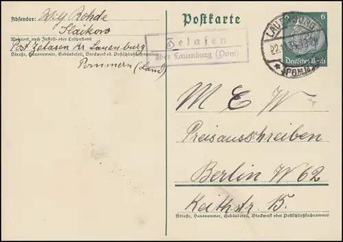 Landpost Zelasen über Lauenburg (Pommern) 22.11.35 auf Postkarte