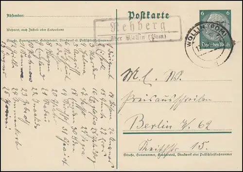 Landpost Rehberg über Wollin (Pommern) 19.5.36 auf Postkarte