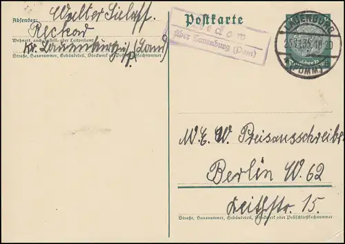 Landpost Reckow über Lauenburg (Pommern) 25.11.35 auf Postkarte