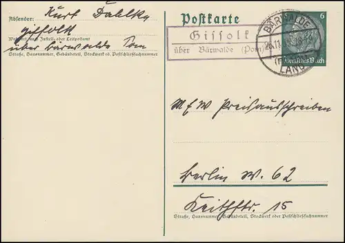 Landpost Gissolk über Bärwalde (Pommern) Land 26.11.35 auf Postkarte