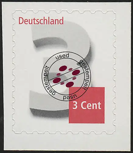 2967 Ziffernzeichnung 3 Cent, SELBSTKLEBEND, gestempelt O