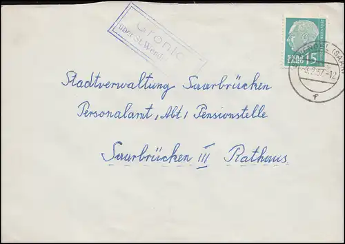 Landpost Gronig über St. Wendel (Saar) 8.2.57 auf Brief