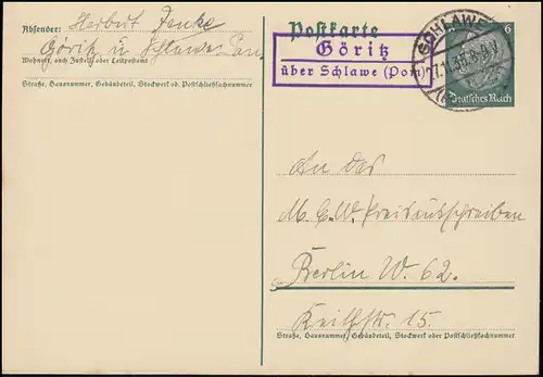 Landpost Göritz über Schlawe (Pommern) 27.11.37 auf Postkarte