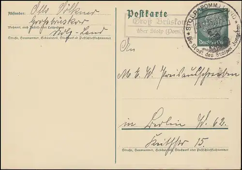 Landpost Groß Brüskow über Stolp auf Postkarte SSt Stolper Jungchen 28.11.35