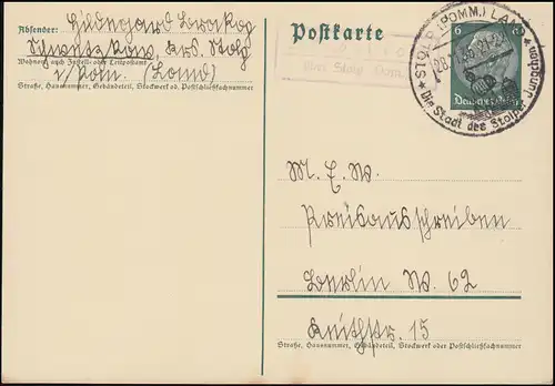 Landpost Schwetzkow über Stolp auf Postkarte SSt Stolper Jungchen 28.11.35