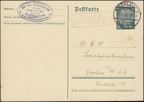 Landpost Notzkow über Schlawe (Pommern) Land 28.11.35 auf Postkarte