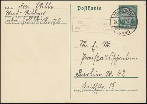 Landpost Wendisch Puddiger über Zollbrück (Pommern) Land 24.11.35 auf Postkarte