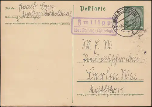 Landpost Zwilipp über Kolberg (Ostseebad) 26.11.35 auf Postkarte