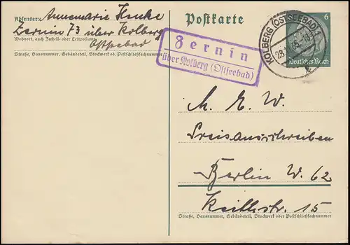 Landpost Zernin über Kolberg (Ostseebad) 28.11.35 auf Postkarte