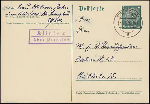 Landpost Klinkow über Prenzlau 13.5.36 auf Postkarte