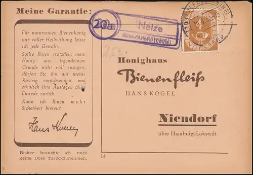 Landpost Netze über Alfeld (Leine) Land 10.9.52 Antwort-Postkarte Bienenfleiß