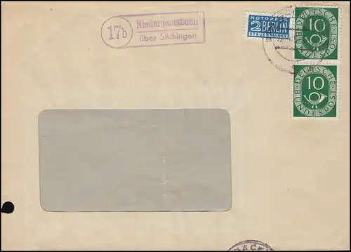 Landpost 17b Niedergebisbach über Säckingen 1952 auf Frenster-Brief Firma TELA