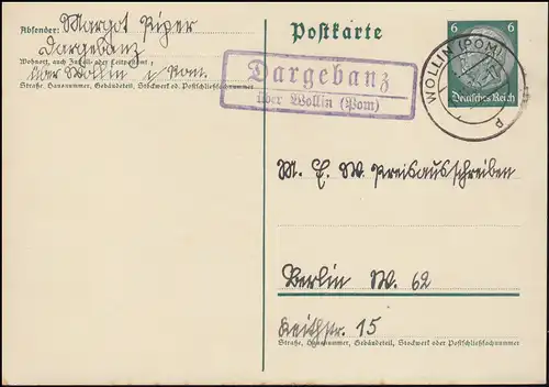 Landpost Dargebanz über Wollin (Pommern) 14.11.35 auf Postkarte