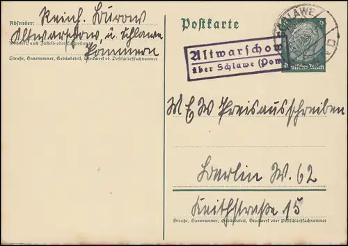 Landpost Altwarschow / Alt Warschow über Schlawe (Pommern) 1935 auf Postkarte