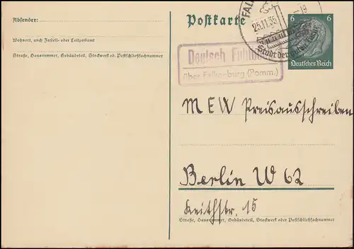 Landpost Deutsch Fuhlbeck über Falkenburg (Pommern) auf Postkarte SSt 15.11.35
