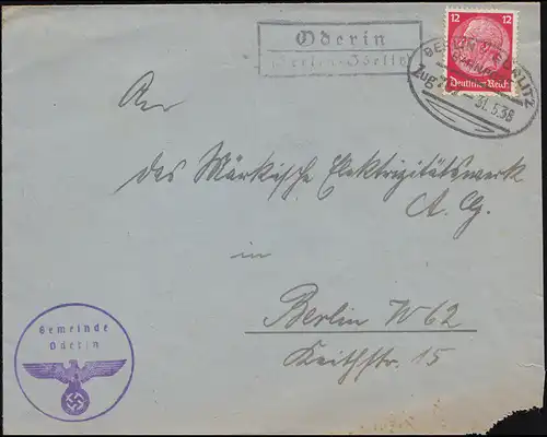 Landpost Oderin Berlin-Görlitz auf Brief Bahnpost BERLIN-GÖRLITZ 31.5.38